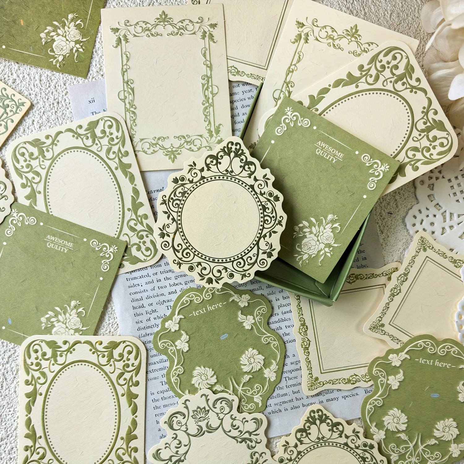 1 box of 30 sheets retro embossed floral border DIY writable decorative hard cardstock paper for scrapbooking Boxed sticky no