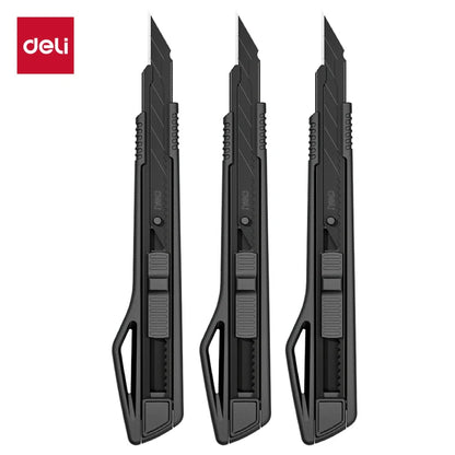 Deli Heavy Duty Utility Knife Black SK5 Carbon Steel Blades 9mm/18mm Auto-Retractable Box Cutter Sharp for Cardboard Cartons 