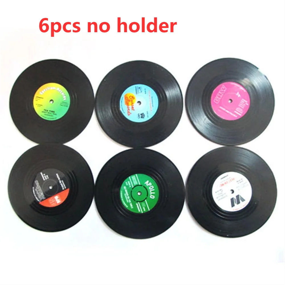 Set of 6 Vinyl Coasters for Drinks Music Coasters with Vinyl Record Player Holder Retro Record Disk Coaster Mug Pad Mat Creat