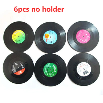 Set of 6 Vinyl Coasters for Drinks Music Coasters with Vinyl Record Player Holder Retro Record Disk Coaster Mug Pad Mat Creat