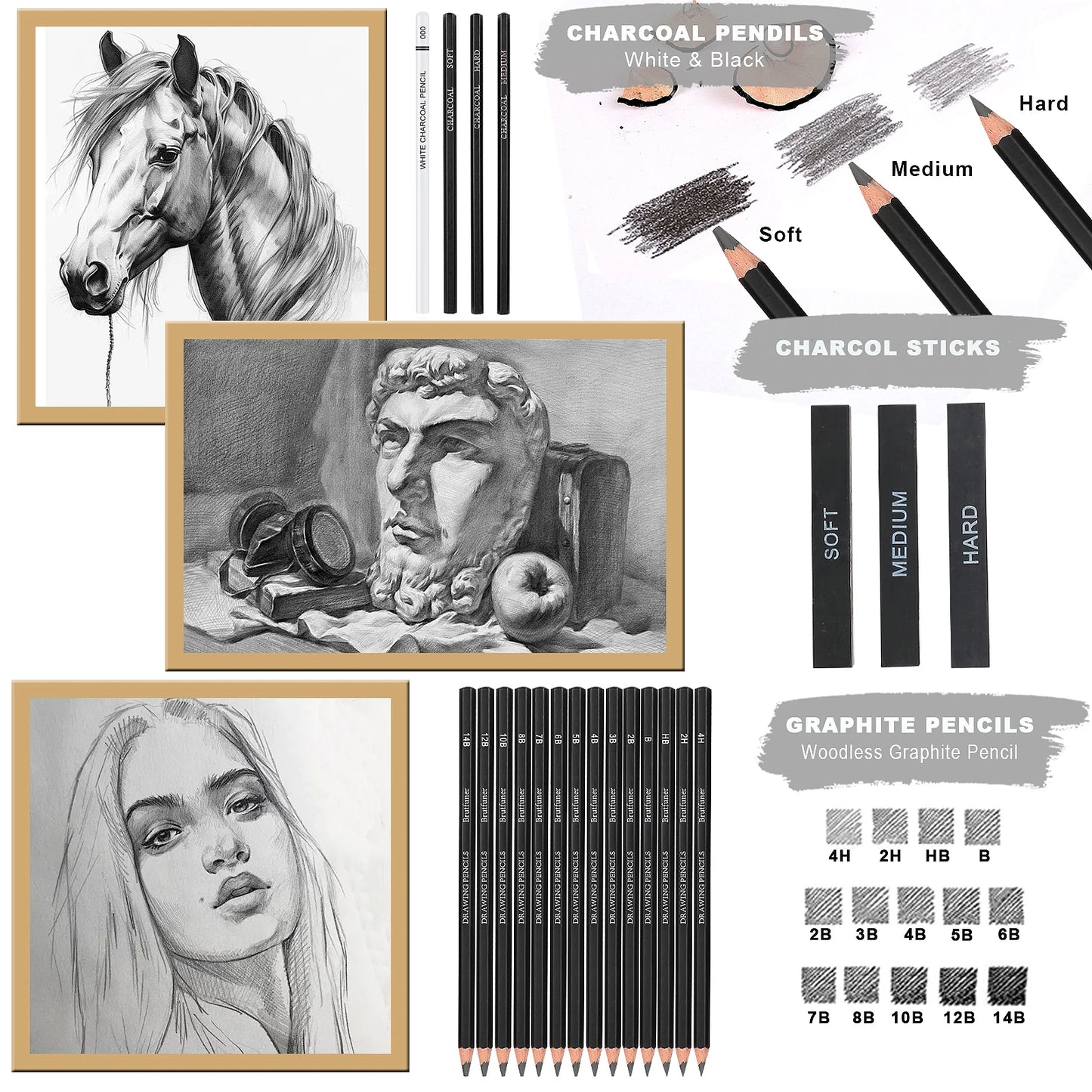 14/18/29/38/44/64 PCS Drawing Set Sketching Kit,Sketch Pencils Art Supplies with Graphite,Charcoal,Blending Tools & Accessori