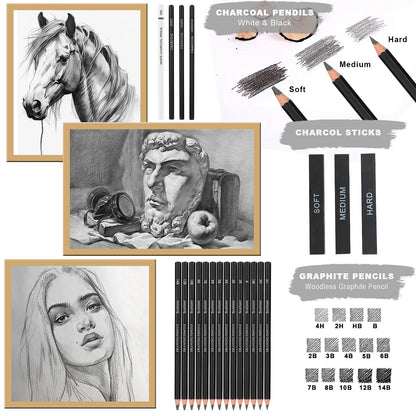 14/18/29/38/44/64 PCS Drawing Set Sketching Kit,Sketch Pencils Art Supplies with Graphite,Charcoal,Blending Tools & Accessori
