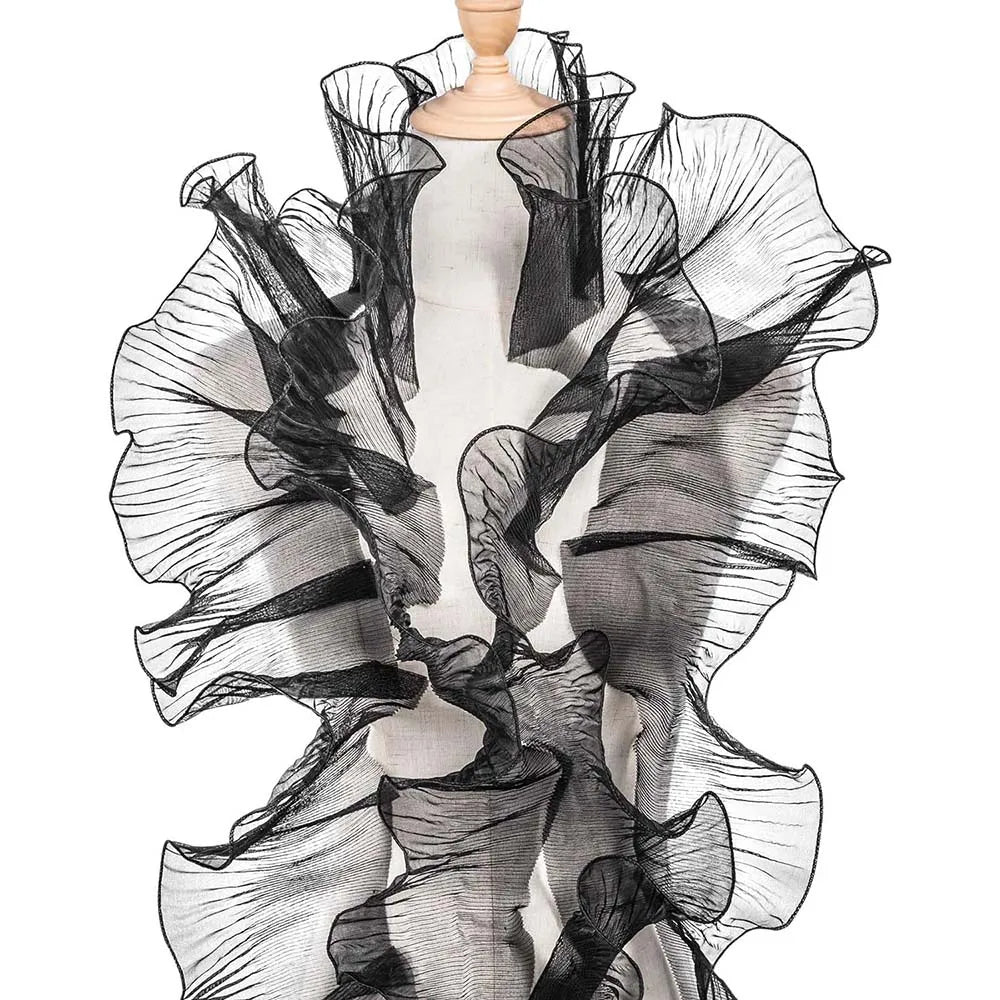 2Yards Embroidery Ruffled Pleated Lace Fabric Trim Gradient Organza Border for Dress Party DIY Sewing Decoration - Black
