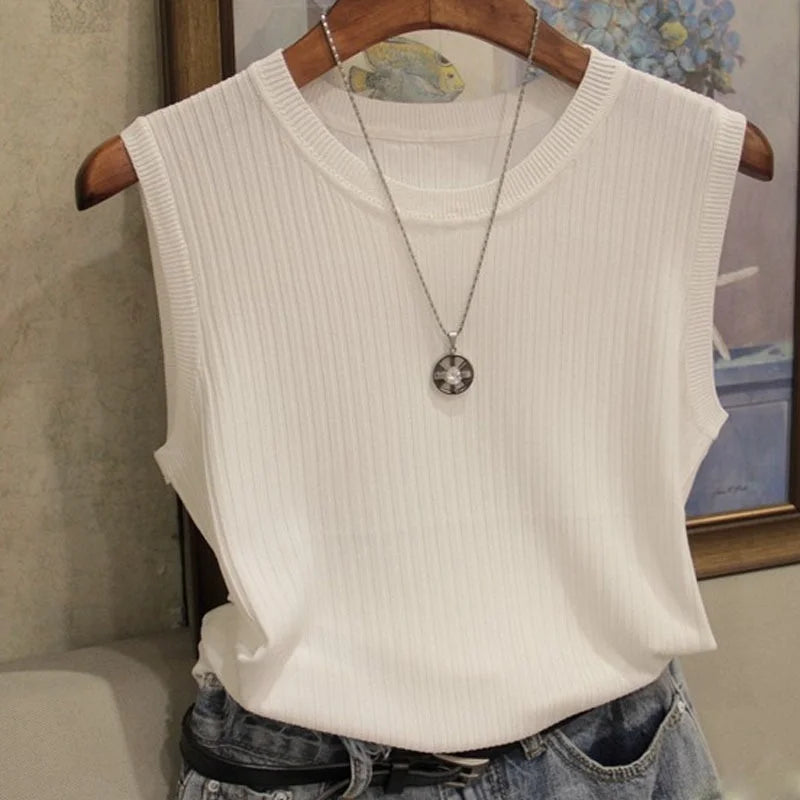 2026 Summer New Fashion Knitted Vests O-neck Sleeveless Casual Thin Tops Sleeveless Blouse Women Shirt - Beige