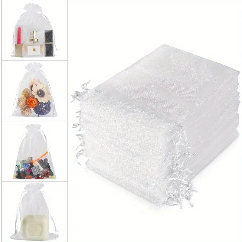 100PCS Organza Bags Random Mesh Organza Jewelry Bags Drawstring, Small Drawstring Favor Pouches Christmas Candy Wedding Birth