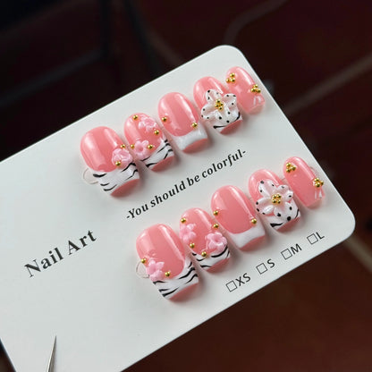 10pcs high-end Pink girlish style, hand-painted three-dimensional carvings, decorated with small gold beads handmade French T