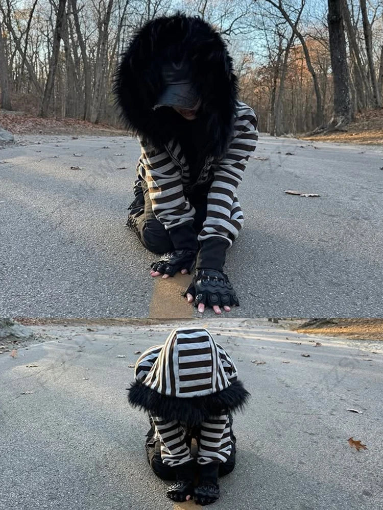 Goth Aesthetic Women Hoodie Harajuku Retro Y2K Emo Girl Fur Collar Cardigan Sweatshirt Rock Punk Hip Hop Casual Loose Streetw