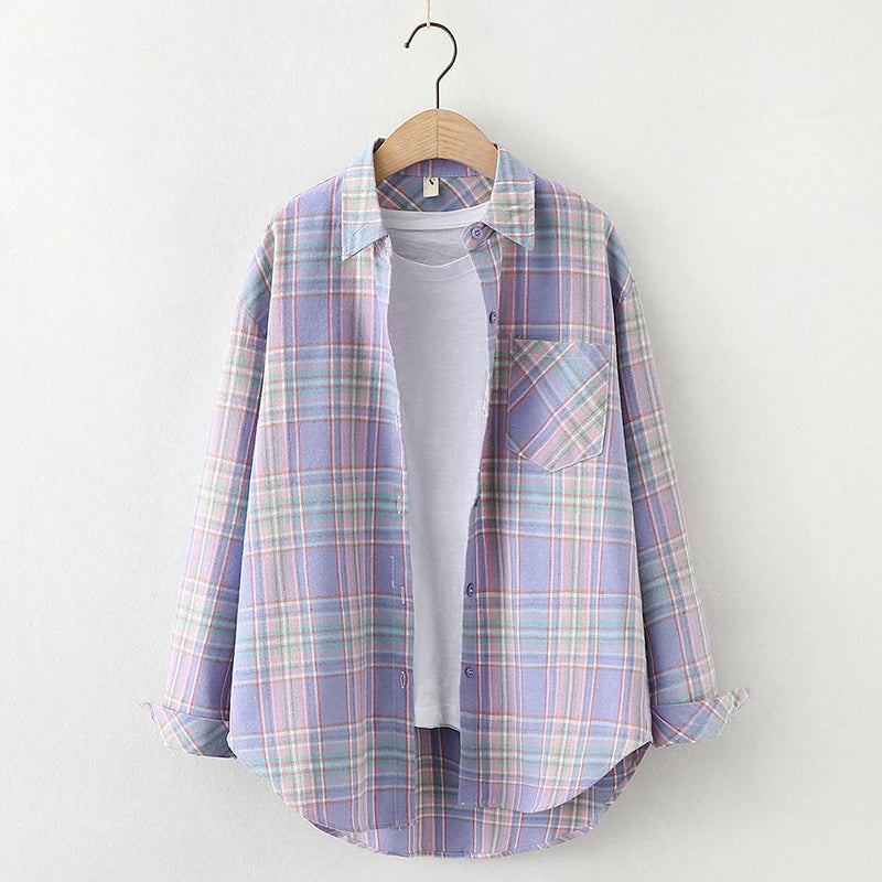 Fresh Flannel Plaid Shirt Women 2026 New Female Blouses and Tops Cotton Loose Long Sleeve Casual Shirts Fine Women's Clothes 