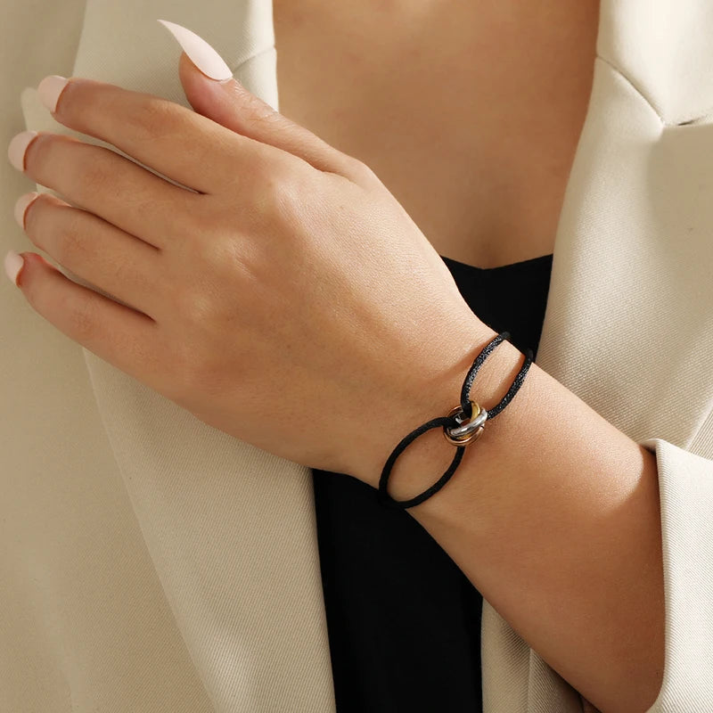 Simple Fashion Unisex Bracelet 3 Metal Round Circle Accessory Adjustable Men's Rope Bracelet for Women Jewelry Gifts