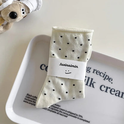 Women's spring summer thin vintage cream curled-edge women's socks polka dot mid-tube socks artistic socks women - 4