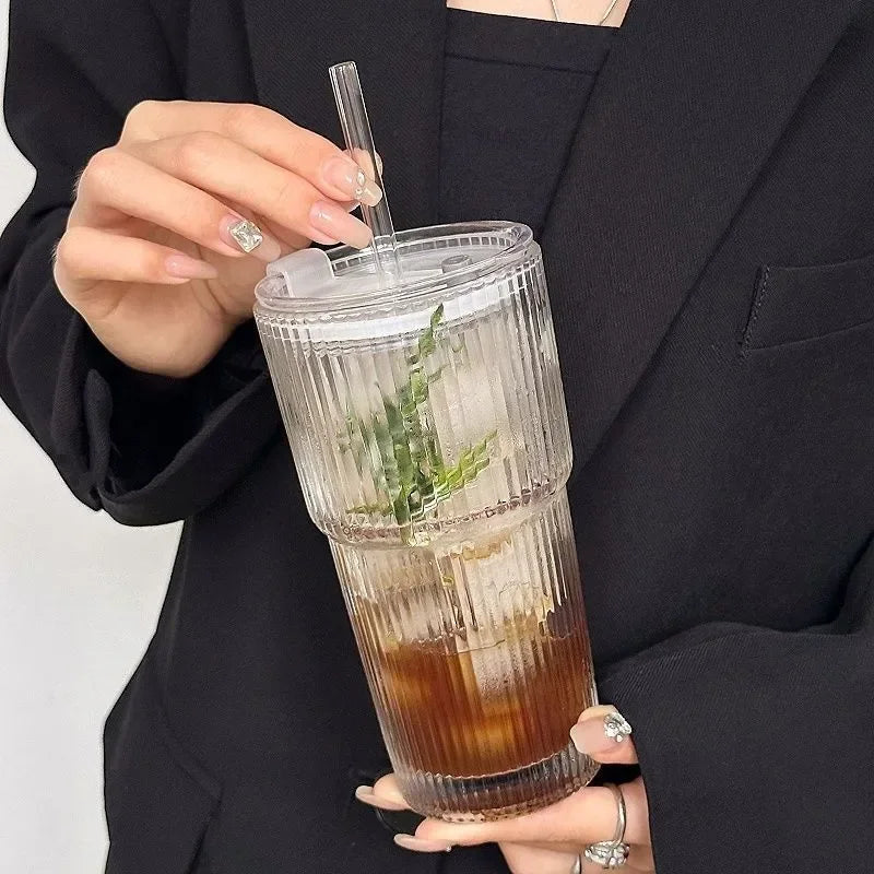 600ML Stripe Glass Coffee Cup with Lid and Straw Transparent Drinking Glasses for Juice Milk Tea Cups Iced Coffee Mugs Drinkw