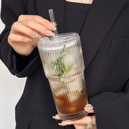 600ML Stripe Glass Coffee Cup with Lid and Straw Transparent Drinking Glasses for Juice Milk Tea Cups Iced Coffee Mugs Drinkw