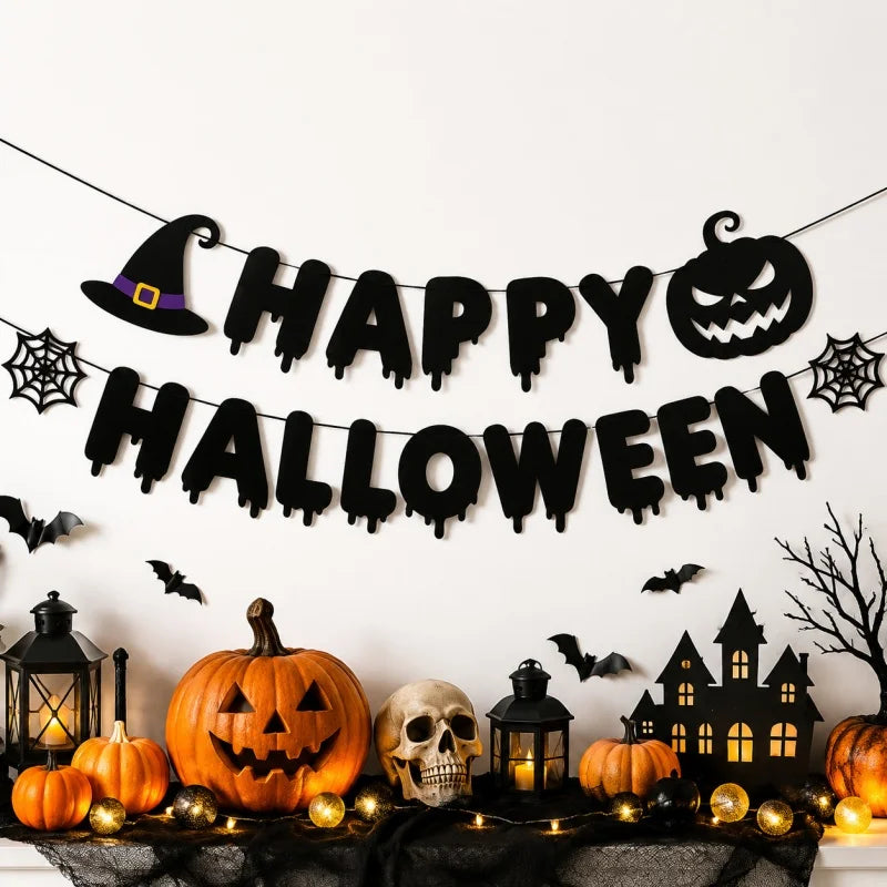 Halloween Felt Banner Garland Assorted Styles Hanging Bunting Flags for Party Home Wall Fireplace Mantel Decoration Supplies 