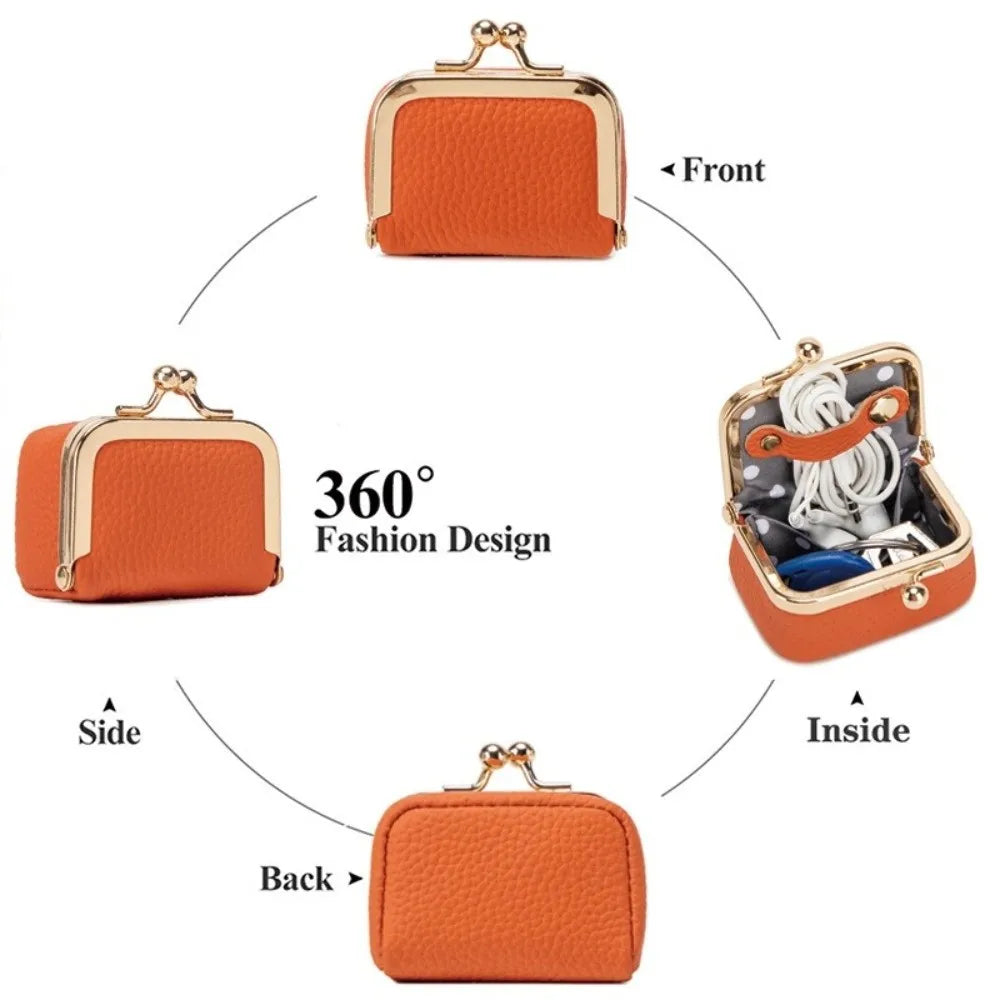 Wallet Genuine Leather Kiss Lock Coin Purse Solid Color Square Leather Jewelry Bag Multifunctional Mini Small Item Bag Earrin