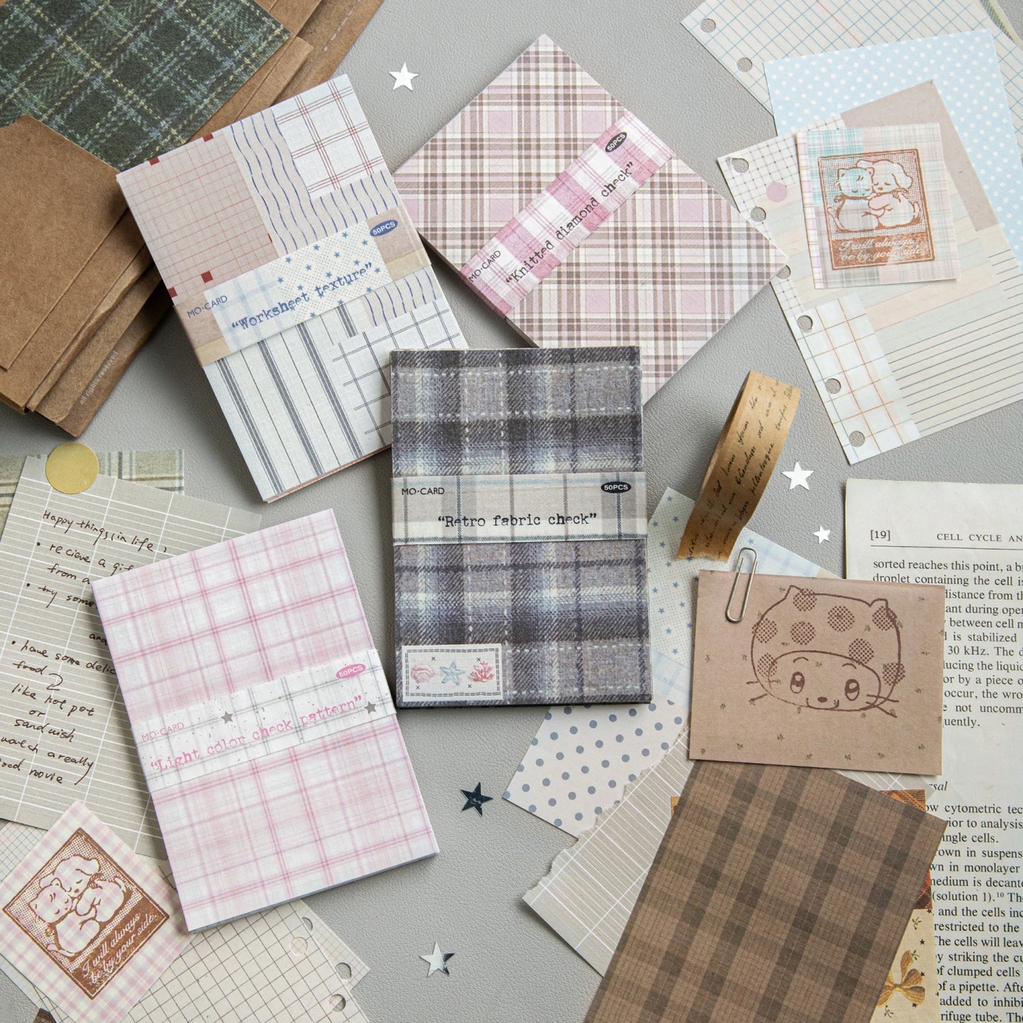 50pcs creative plaid Decor Scrapbook Vintage Material Paper Kit DIY Junk Journal Collage Photo Album Retro Background paper ﻿