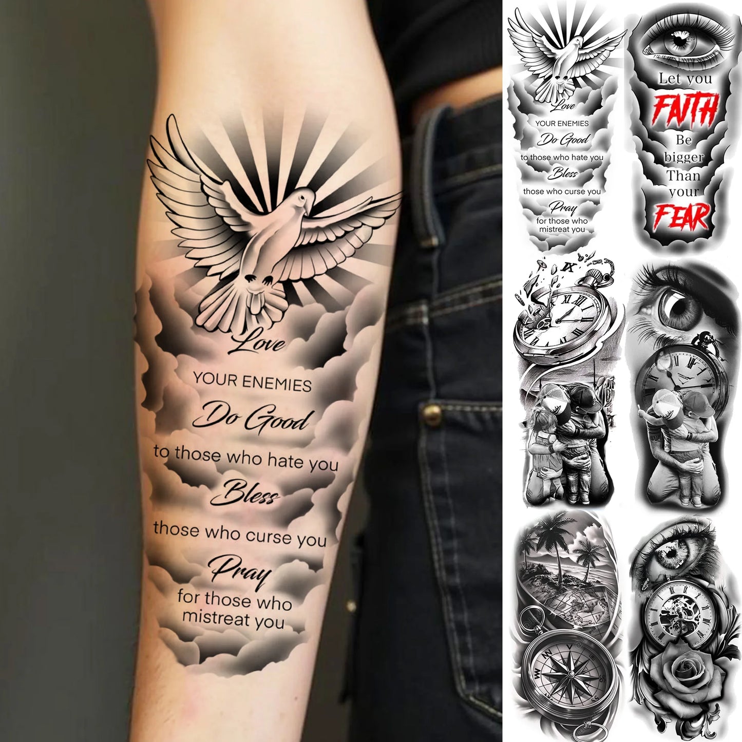 1 Sheet Bless Belief Faith Engraved Temporary Tattoos Family Love Tatoos Waterproof Realistic Fake Tattoo Stickers Long Lasti