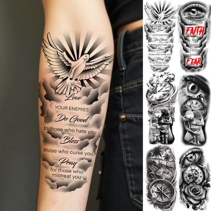 1 Sheet Bless Belief Faith Engraved Temporary Tattoos Family Love Tatoos Waterproof Realistic Fake Tattoo Stickers Long Lasti