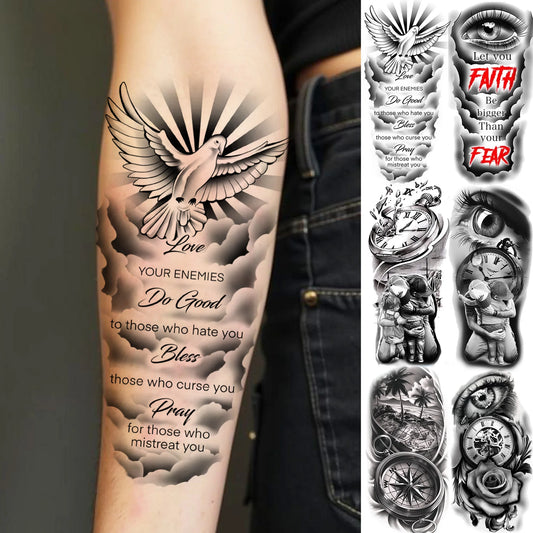 1 Sheet Bless Belief Faith Engraved Temporary Tattoos Family Love Tatoos Waterproof Realistic Fake Tattoo Stickers Long Lasti