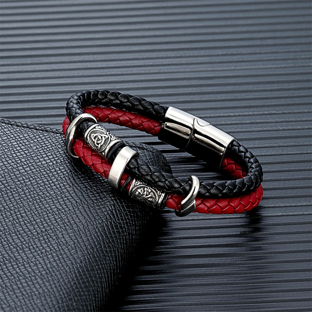 Vintage Vikings Compass Multilayer Genuine Leather Bracelet Men Stainless Steel Norse Runes Valknut Bangle Scandinavian Jewel