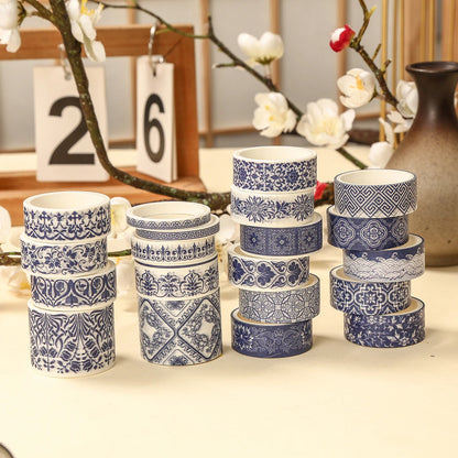 Blue White Porcelain Washi Tape Set, Multiple Pattern Creative Tape for DIY Photo Albums Journals Decoration
