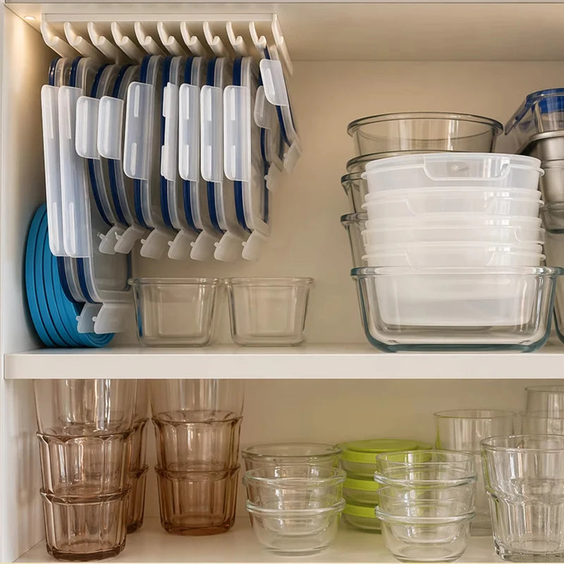 Kitchen Food Container Lid Holder Cabinet Space Saving Organizer Rack Plastic Shelf Hanger Bracket Wall Multi-Slot Sturdy Hoo