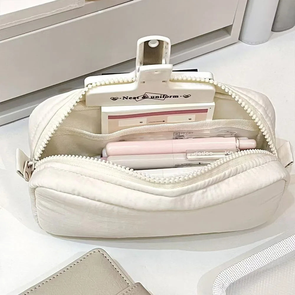 Simplicity Solid Color Pen Bag Zipper Design Large Capacity Pencil Case Portable Stationery Bag Gift - White
