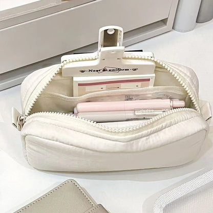 Simplicity Solid Color Pen Bag Zipper Design Large Capacity Pencil Case Portable Stationery Bag Gift - White