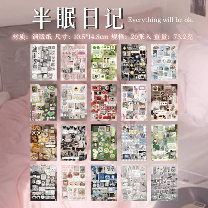 20pcs Die-Cut Sticker Book - Japanese Food & Dessert Vintage Showa Style，Glitter Matte Glossy Finish，School Stationery suppli