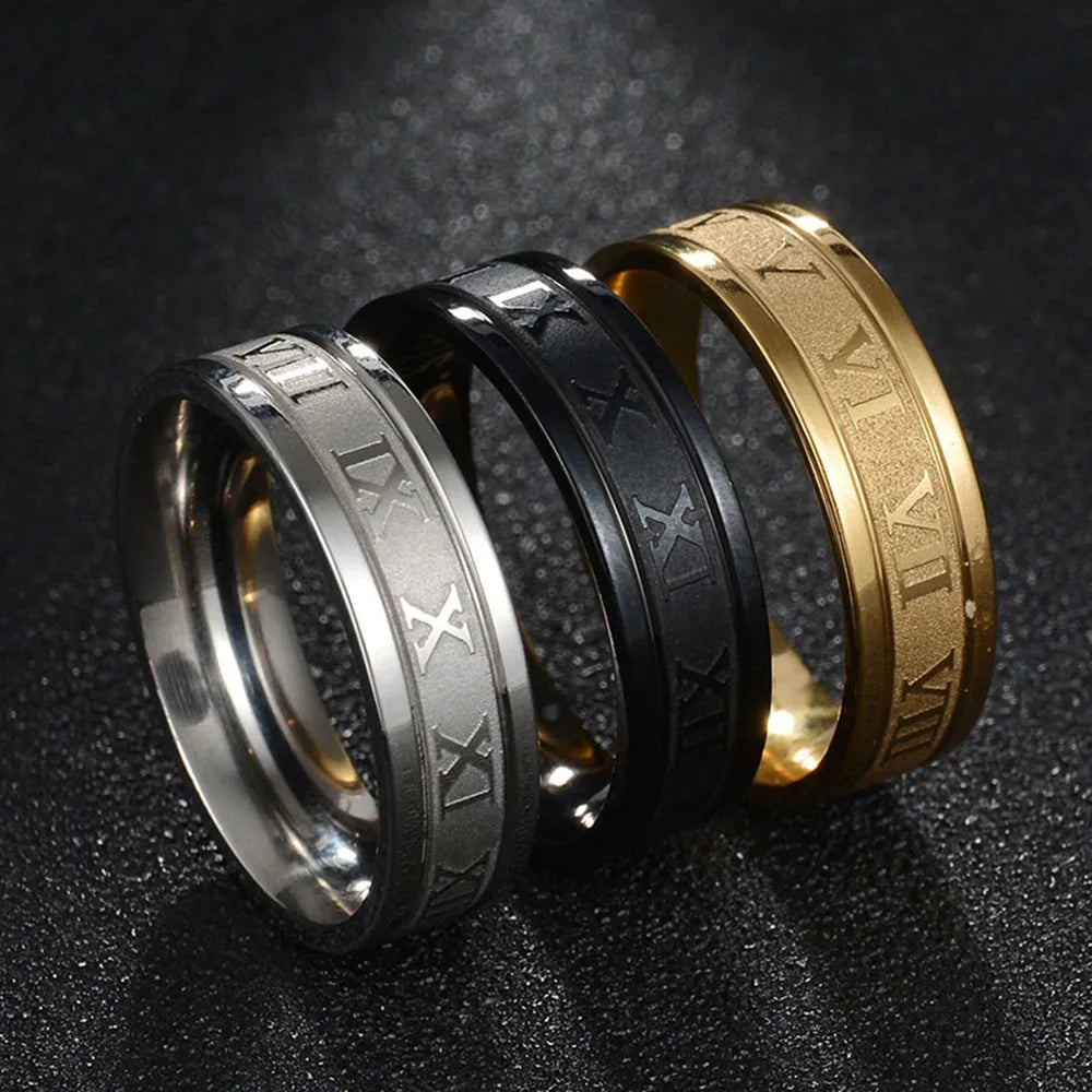 Seakissky Classic Fashion Stainless Steel Roman Digital Men Women Ring Cool Punk Waterproof Jewelry for Party Gifts
