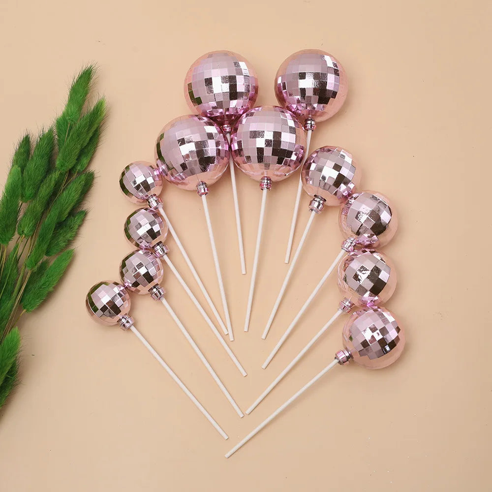 12pcs Silver Disco Ball Cake Topper 1970s Disco Theme Birthday Party Cake Decoration Cowboy Cowgirl Birthday Supplies