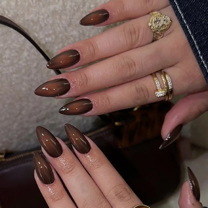 24pcs Long Almond Press on Nails False Nails with Golden Decoration Wearable Stick-on Nails Fake Nail Uñas Накладные Ногти 네일