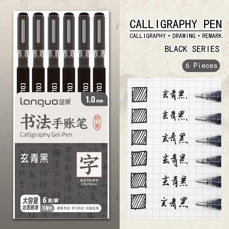 6 Pcs/Set Large Capacity Calligraphy Gel Pen 1.0mm Hard Tip Pens for Journaling Drawing Practice Planner Writing Stationery -