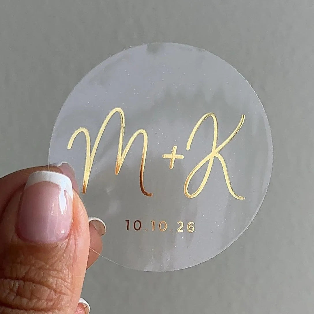 50 X Foiled Wedding Monogram Initials Stickers, Personalised Wedding Favour Labels, Custom Shiny Foil Gold Transparent