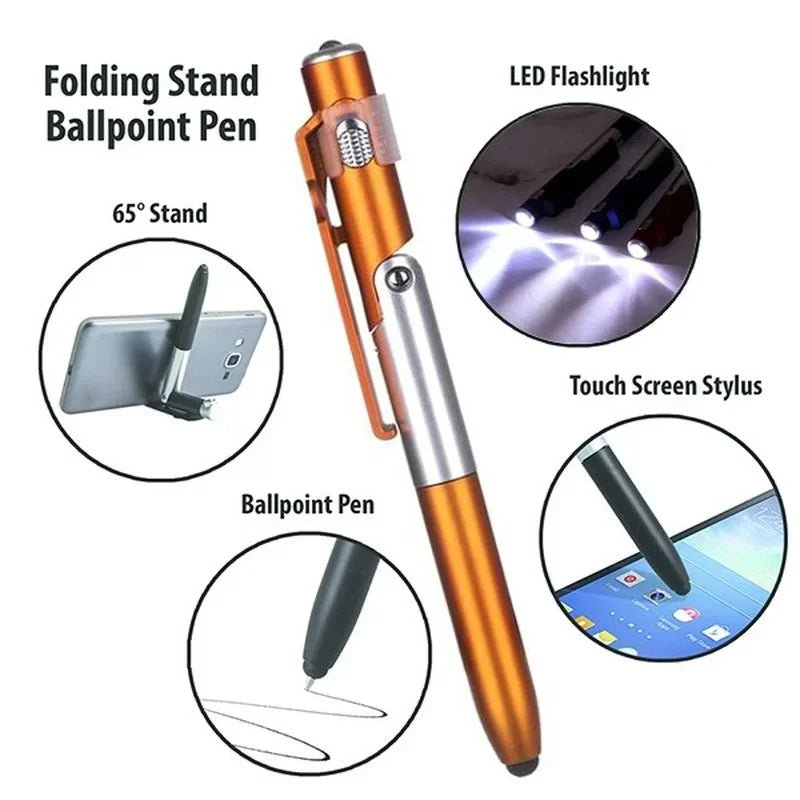 4 In 1 Multifunction Ballpoint Pen with LED Light Fold Phone Holder Night Read Writing Pencil Office School Student Stationer