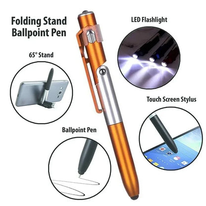 4 In 1 Multifunction Ballpoint Pen with LED Light Fold Phone Holder Night Read Writing Pencil Office School Student Stationer