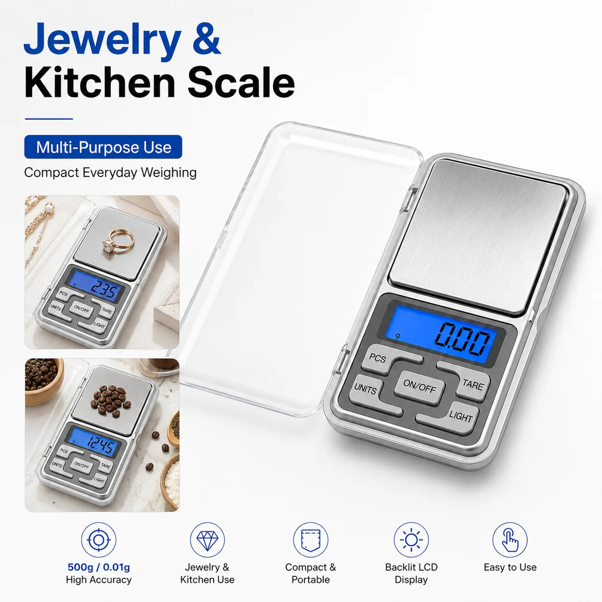High Precision Mini Pocket Scale 500g/0.01g, Portable Digital Jewelry Scale, Accurate Small LCD Weighing Device for Easy Carr