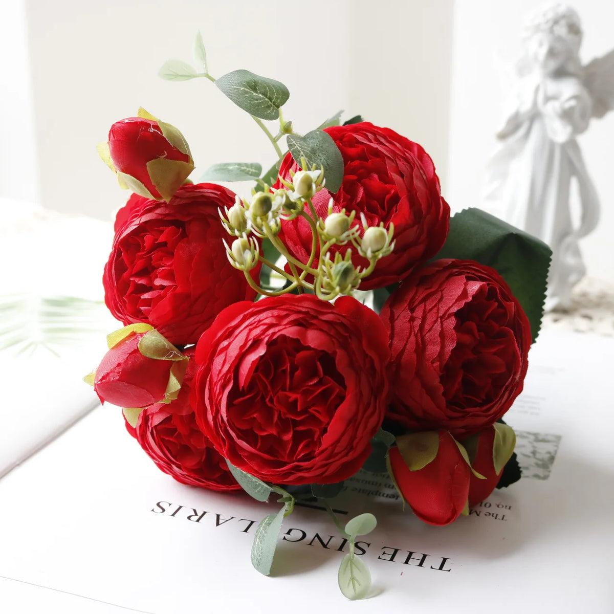 1pcs/30cm Rose Pink Silk Bouquet Peony Artificial Flower 5 Big Head 4 Small Bud Bride Wedding Home Decoration Artifi