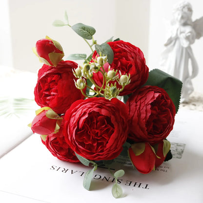1pcs/30cm Rose Pink Silk Bouquet Peony Artificial Flower 5 Big Head 4 Small Bud Bride Wedding Home Decoration Artifi