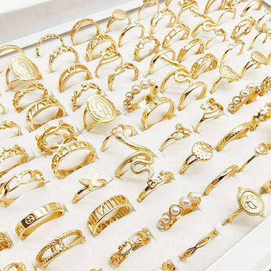 30pc/Lot Gold Color Finger Rings For Girls New Love Snake Animal Butterfly Cutout Star Pearl Thin Joint Ring Party Jewelry Wo