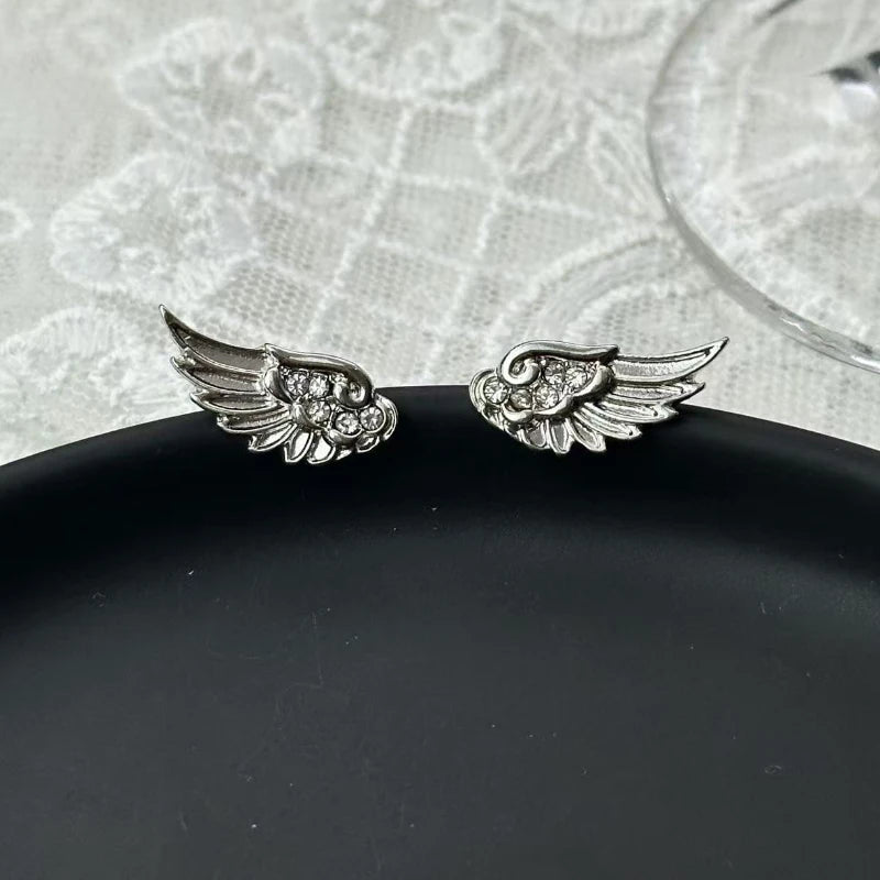 Fashion Zircon Wing Stud Earrings for Women Luxury Shiny Crystal Creative Angel Wings Cross Silver Color Ear Studs Jewelry Gi