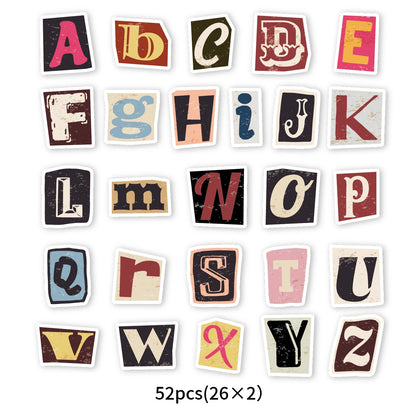 52pcs Vintage Letter Pattern Stickers for Laptops, Phone Cases, Water Bottles, Suitcases, Children's Toys, Back To School Sea