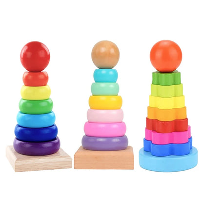 Rainbow Stacker Wooden Ring Educational Toy Kids Tower Stack Up Blocks Color Shape Game Baby Montessori Toys for Children Gif