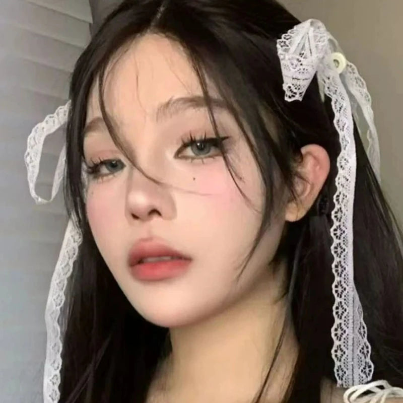 2Pcs White Sweet Lace Long Bow Hair Clip Women Girls Ribbon Tassel Bowknot Hair Pins Braid Barrettes Trend Hollow Out Headwea
