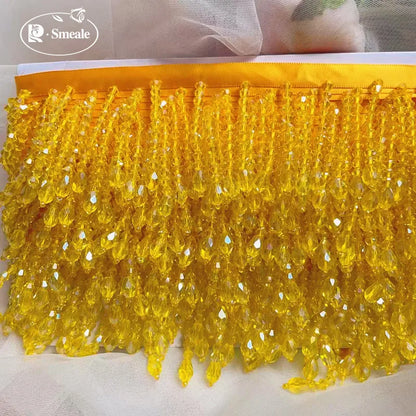 Lace Trim Beaded 2 Yards, Crystal Tassels, 5.5 Cm Wide, Vintage Lace Accent for Sewing, Scrapbooking - Gold Yellow -B / 5Yard