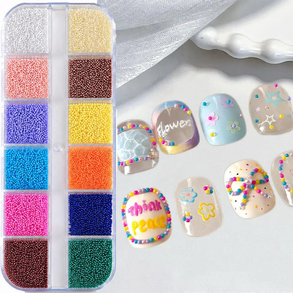 12Grids 3D Colorful Mini Caviar Beads Nail Charms Tiny Macaron Colors Round Ball Nails Art Decorations DIY Manicure Accessori