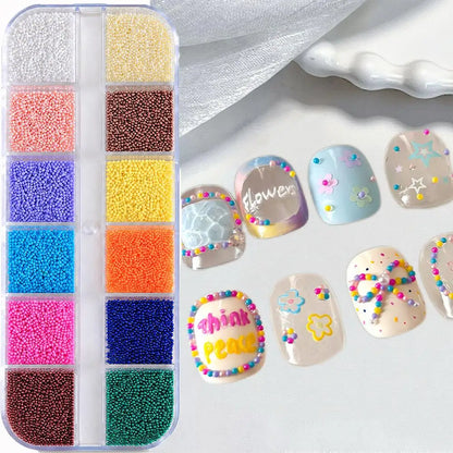 12Grids 3D Colorful Mini Caviar Beads Nail Charms Tiny Macaron Colors Round Ball Nails Art Decorations DIY Manicure Accessori