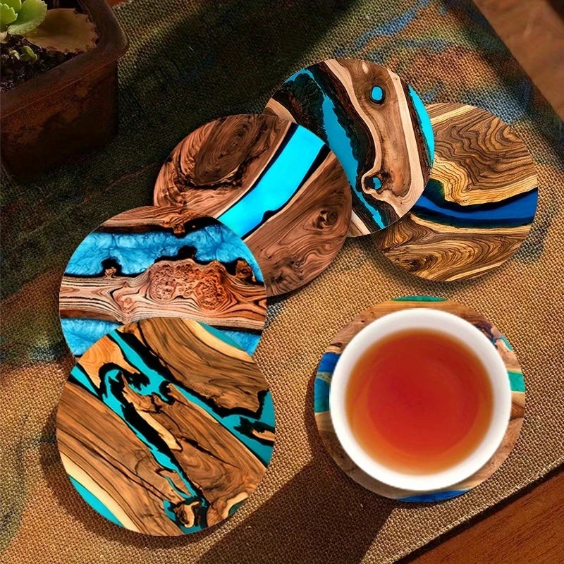 6pcs Vintage Wooden Coasters 2D 4in Tree Pattern with Lake & Desert Designs High-End Home Decor for Coffee Shops & Dining Tab