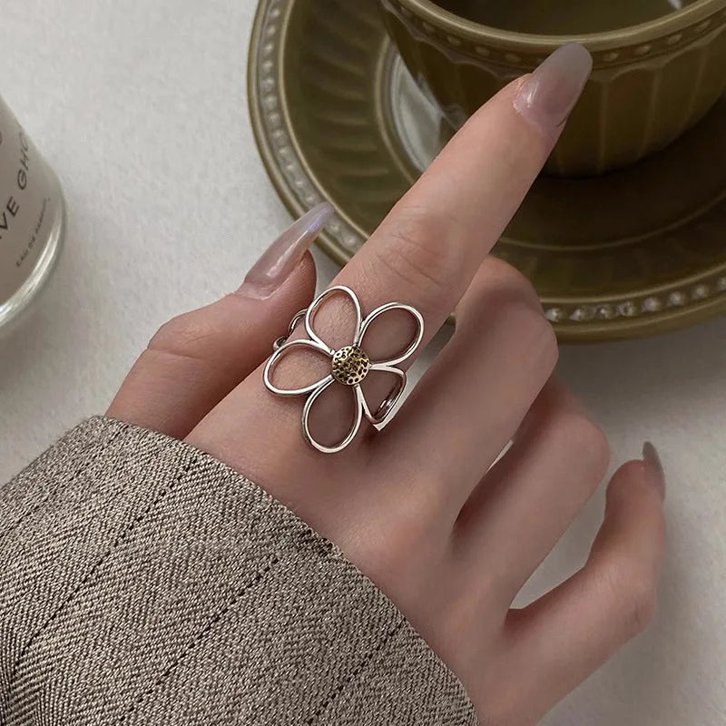 VENTFILLE 925 Sterling Silve Flower Ring for Women Gift Hollow Out Design Retro Hip Hop Versatile Jewelry Party Gift