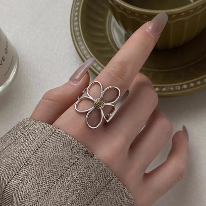 VENTFILLE 925 Sterling Silve Flower Ring for Women Gift Hollow Out Design Retro Hip Hop Versatile Jewelry Party Gift