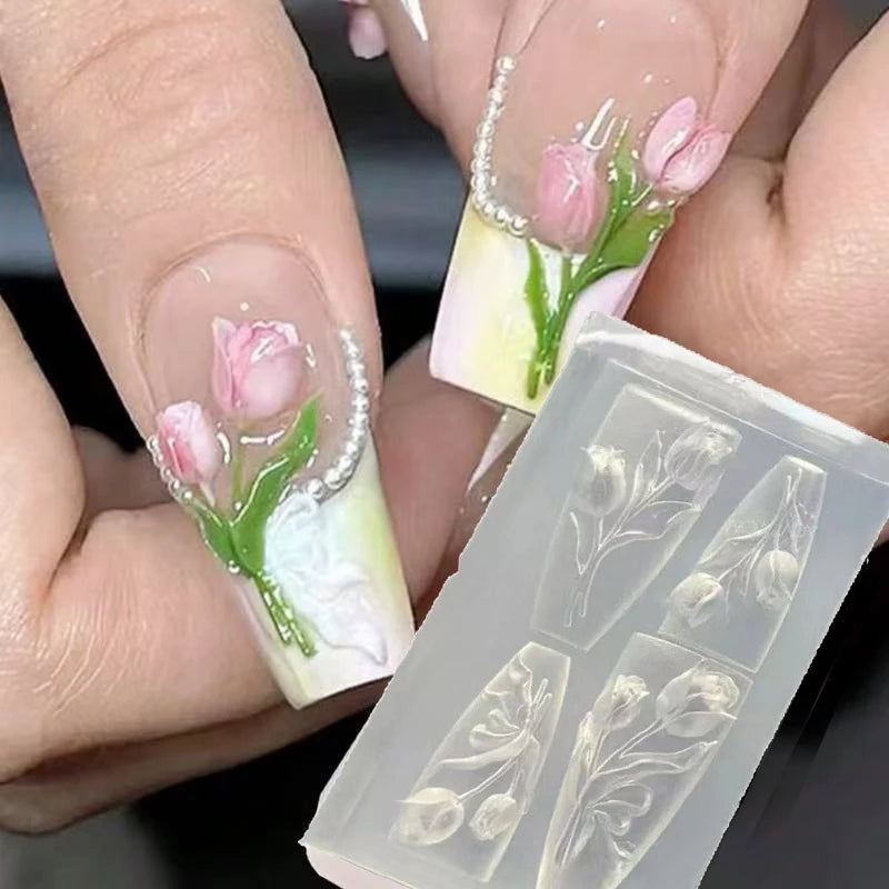 3D Flowers Nail Art Mold Silicone DIY Tropical Floral Tulip Bunch Nail Design Molds High Transparent Nail Art Carving Templat
